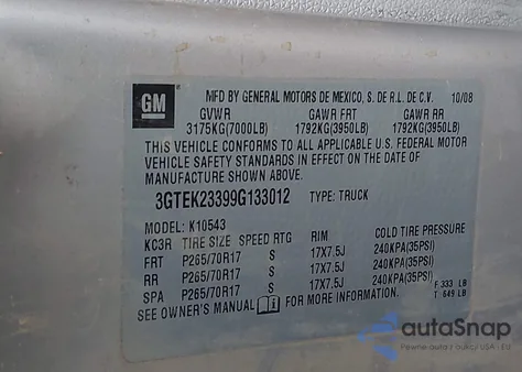 2009 GMC Sierra 1500 Sle z USA, uszkodzony, nr VIN 3GTEK23399G133012